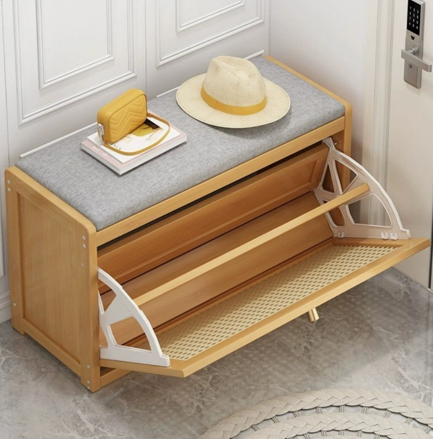 Modern Bamboo Shoe Storage Bench with Cabinet